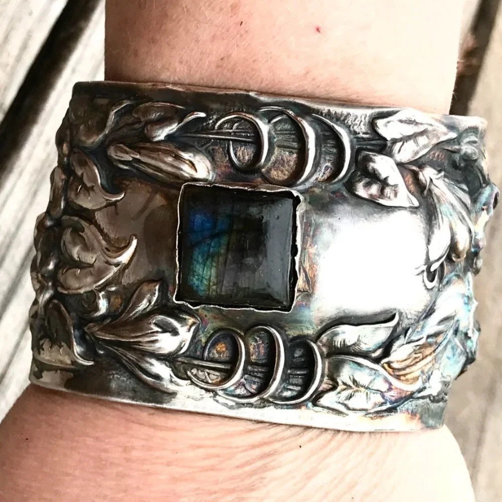 Labradorite Spectralite Sterling Silver 925 Cuff Bracelet Wide Floral Antique